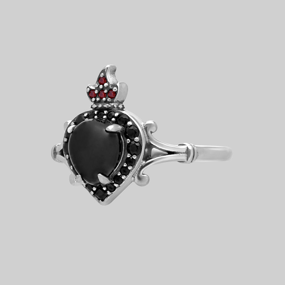 Silver sacred heart black onyx gothic flaming crown garnet ring