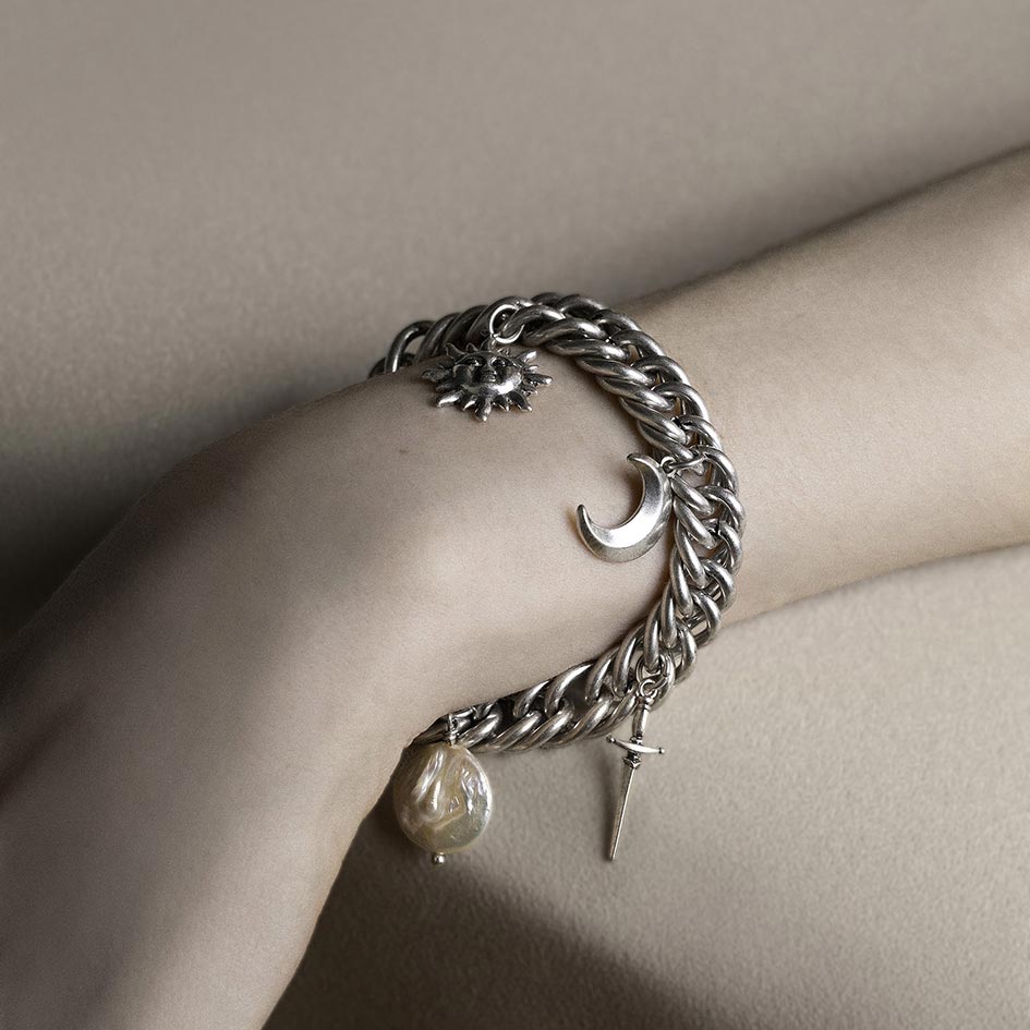 silver gothic chunky chain sun moon pearl charms 