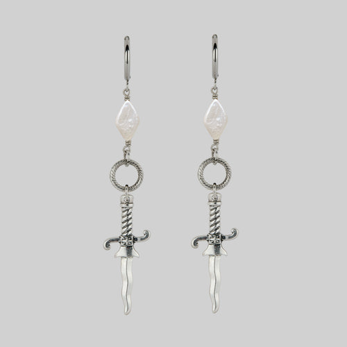 DEMISE. Sword Drop Hoop Earrings - Gold