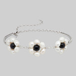 pearl silver daisy charm choker necklace