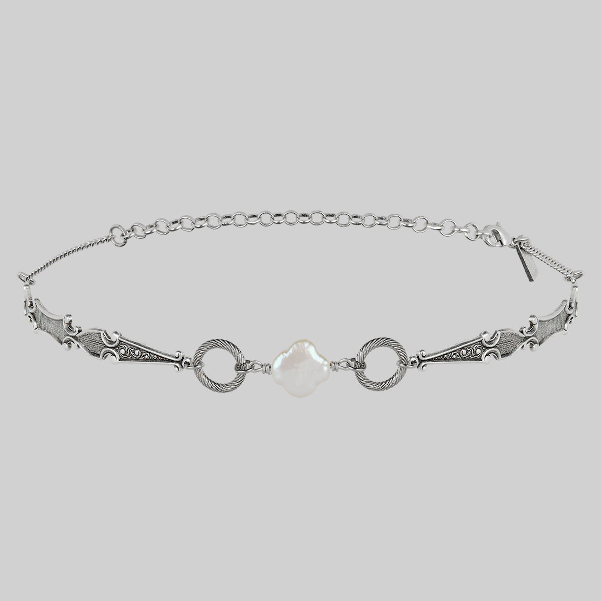 antique ornate quatrefoil pearl choker silver twisted rope rings