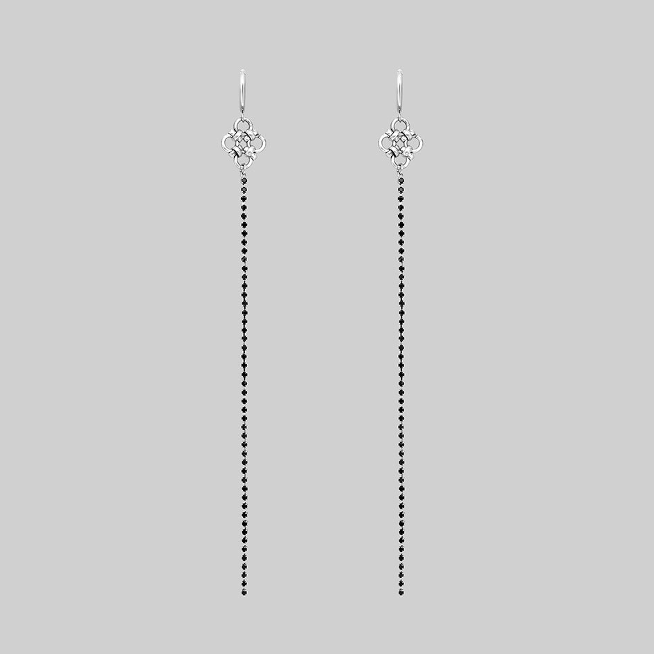 Maryse sterling silver plated chainmail hoop earrings with black agate drop chain