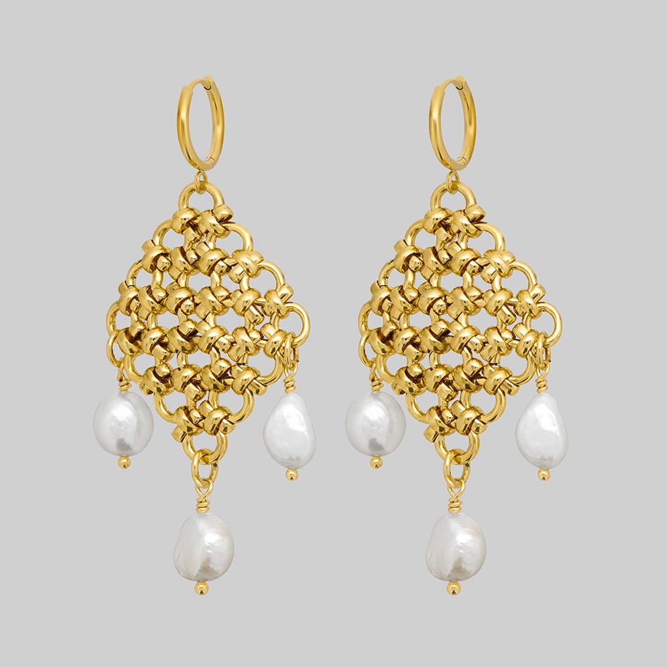 Muriel gold chainmail and pearl hoop earrings, side view