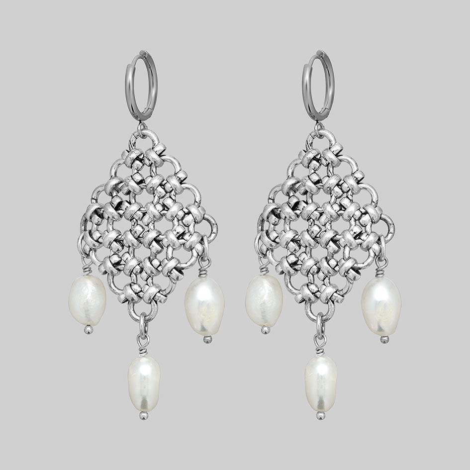 Muriel silver chainmail and pearl hoop earrings, side view