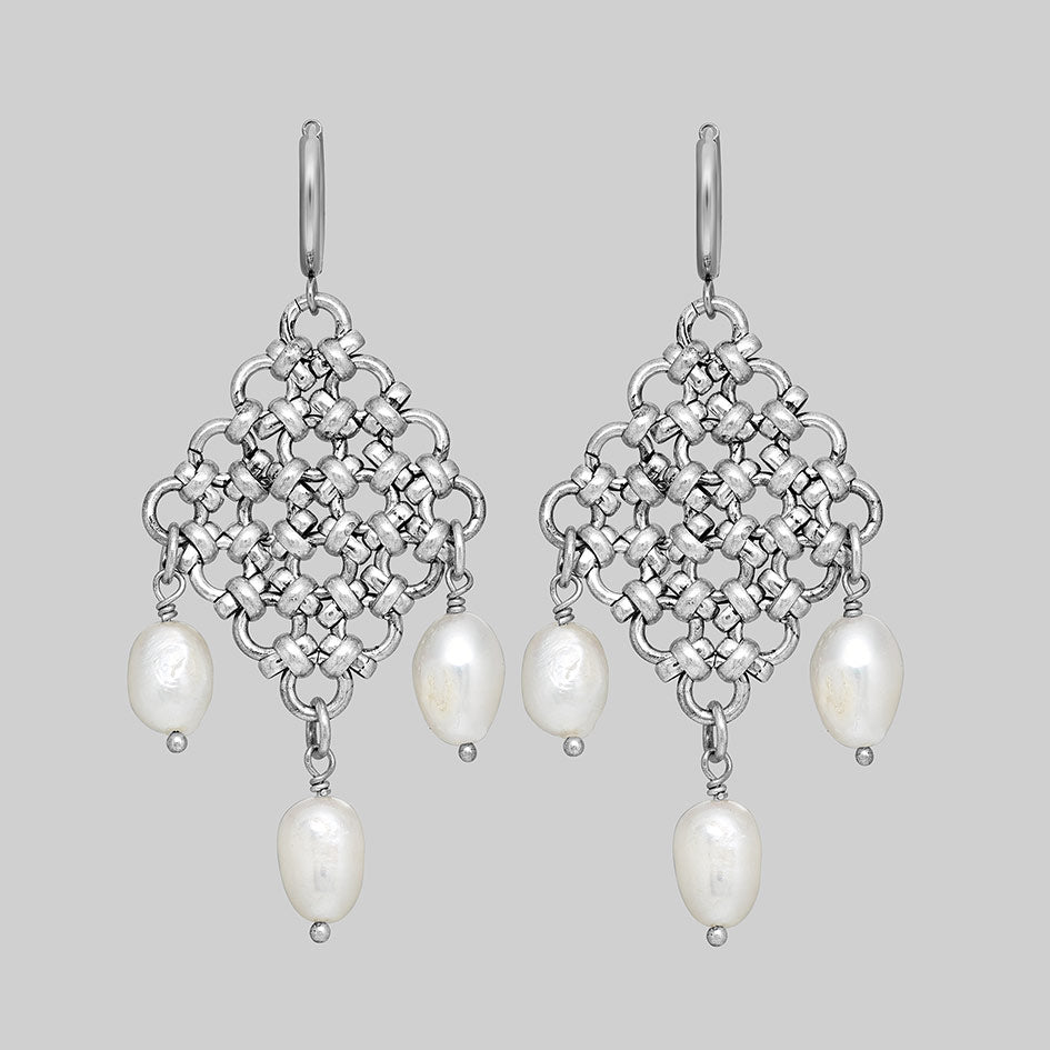 Muriel sterling silver plated chainmail and pearl hoop earrings