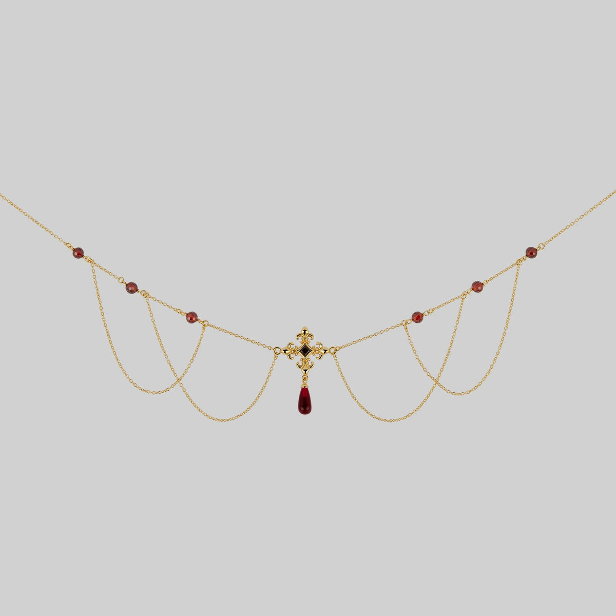 MUTINY. Fleur de Lis Multi-Drop Garnet Collar - Gold
