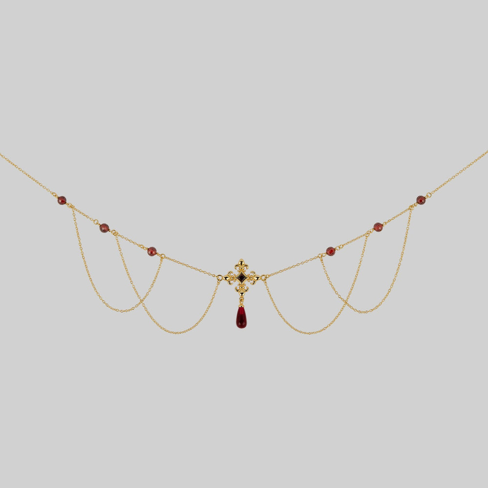 MUTINY. Fleur de Lis Multi-Drop Garnet Collar - Gold
