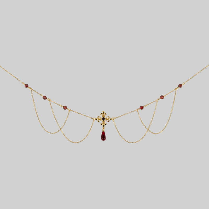 MUTINY. Fleur de Lis Multi-Drop Garnet Collar - Gold