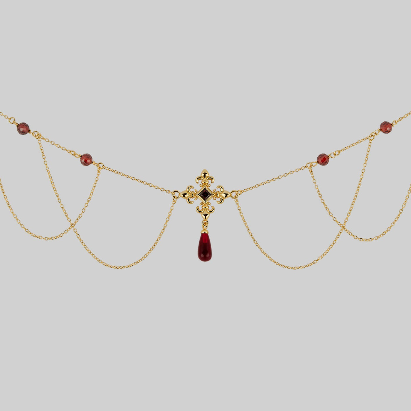 MUTINY. Fleur de Lis Multi-Drop Garnet Collar - Gold