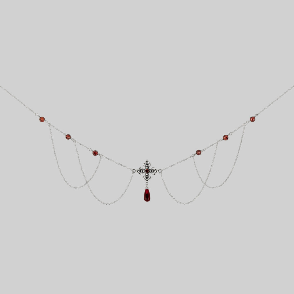 MUTINY. Fleur de Lis Multi-Drop Garnet Collar - Silver