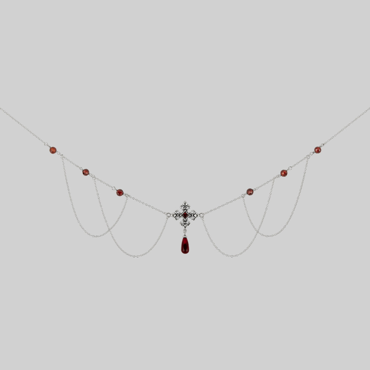 MUTINY. Fleur de Lis Multi-Drop Garnet Collar - Silver
