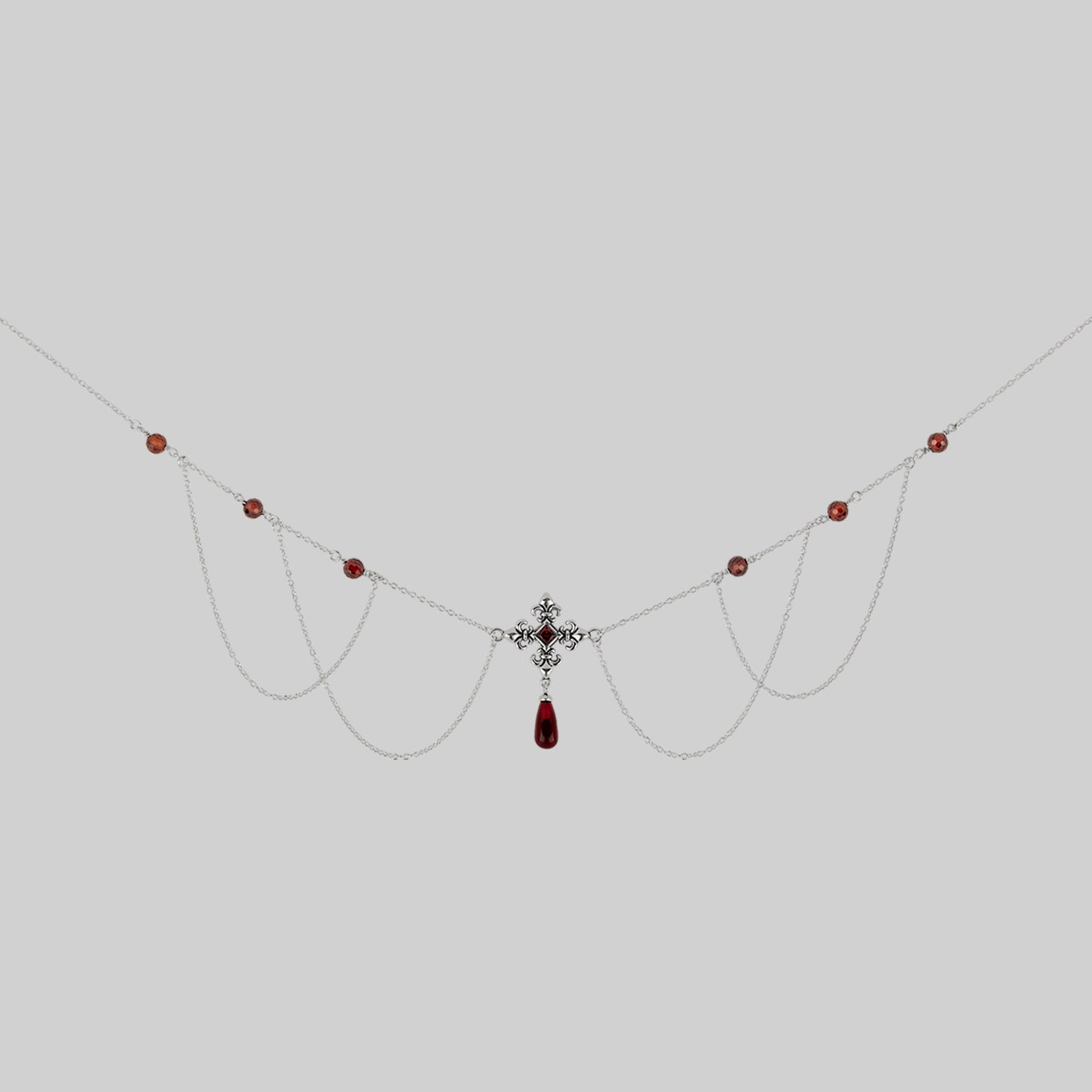 silver fleur-de-lis multi-drop red glass cz beads garnet collar