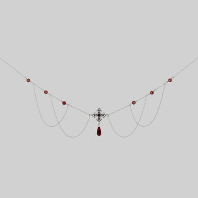 MUTINY. Fleur de Lis Multi-Drop Garnet Collar - Silver