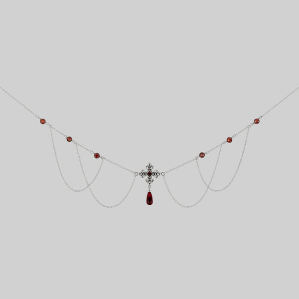 MUTINY. Fleur de Lis Multi-Drop Garnet Collar - Silver
