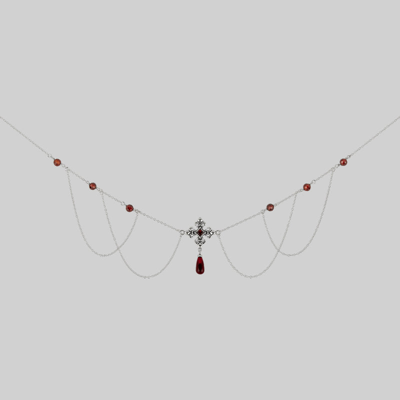 MUTINY. Fleur de Lis Multi-Drop Garnet Collar - Silver