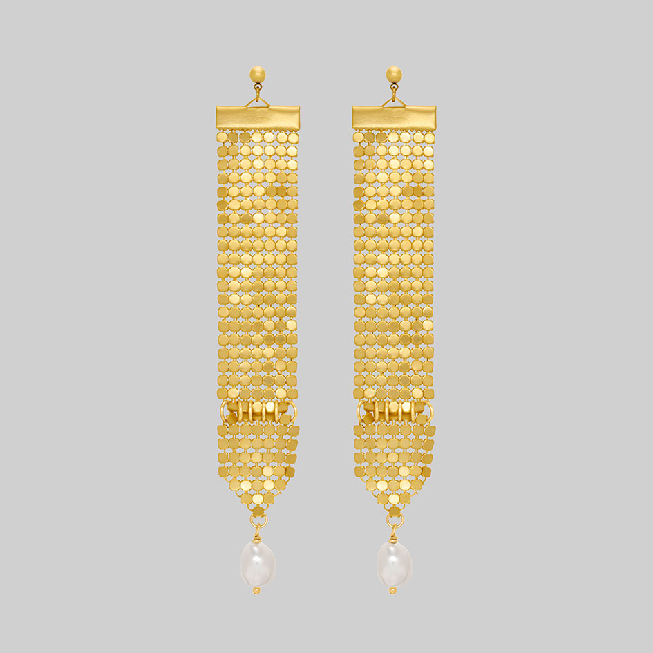 Oda gold armoured pearl drop earrings, front view