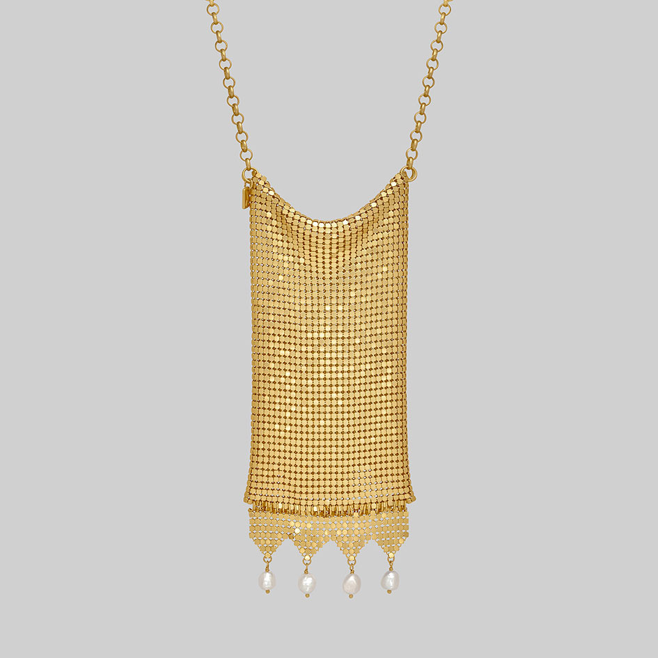 Oda 18k gold plated armoured pearl drop bag