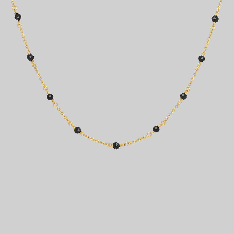 Odette gold black spinel bead necklace, front view