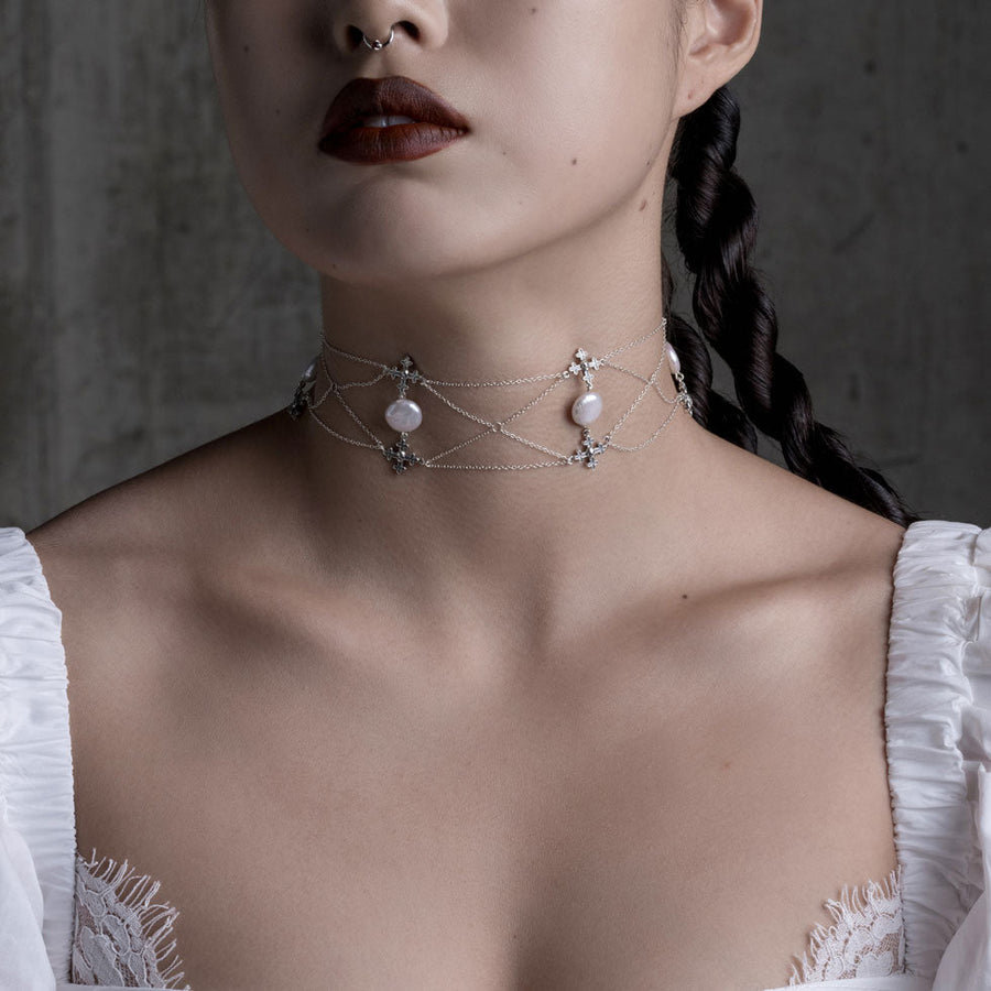 Pearl Charm Choker – Nickel & Suede