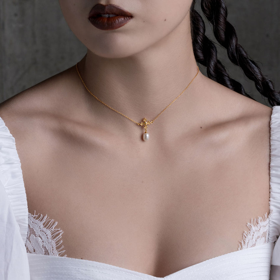 gothic pearl drop gold plated necklace