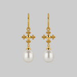 dainty cross and pearl drop hoop earrings