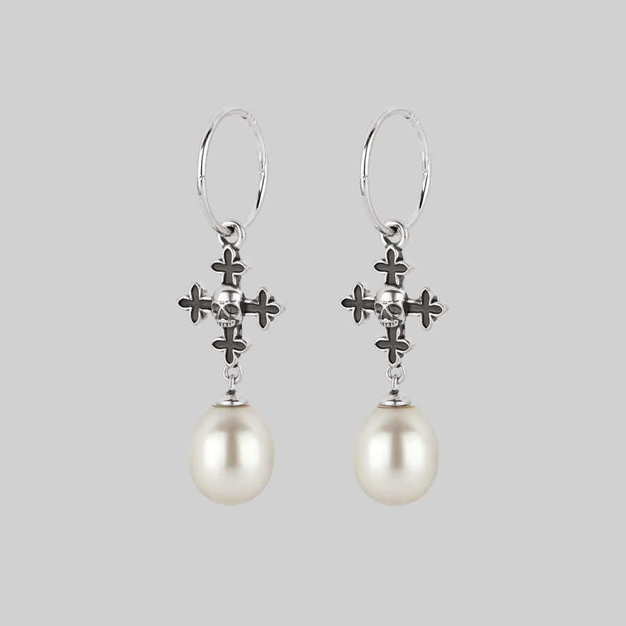 gothic cross and pearl hoop earrings