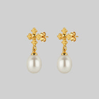 gold skull and dangly pearl stud earrings