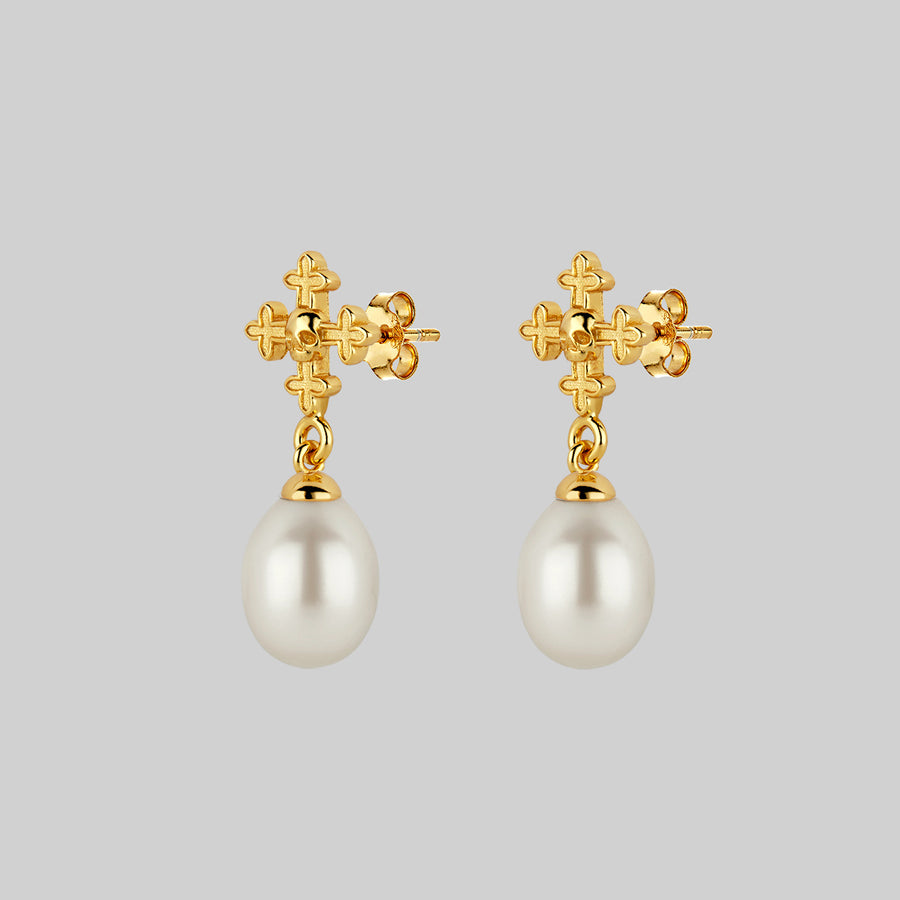 gold skull and dangly pearl stud earrings