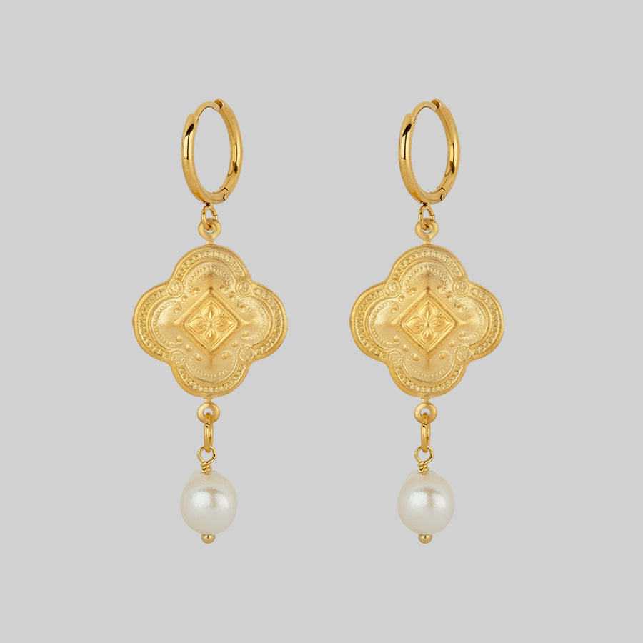 ornate charm and pearl drop hoop earrings