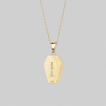 gold plated coffin necklace with 'rebirth' engraved