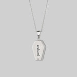 silver necklace with coffin shaped pendant with 'rebirth' engraving 