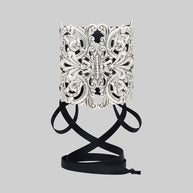 Decorative gothic corset cuff bracelet with intricate design and black lace straps