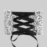 Regina grand baroque corset choker featuring intricate detail with satin ribbon lace up front and back