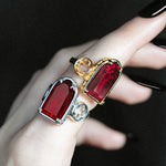 gold and silver gothic cathedral window red glass ring 