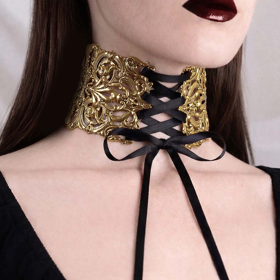 Regina gold ribbon choker with gothic ornate detailing