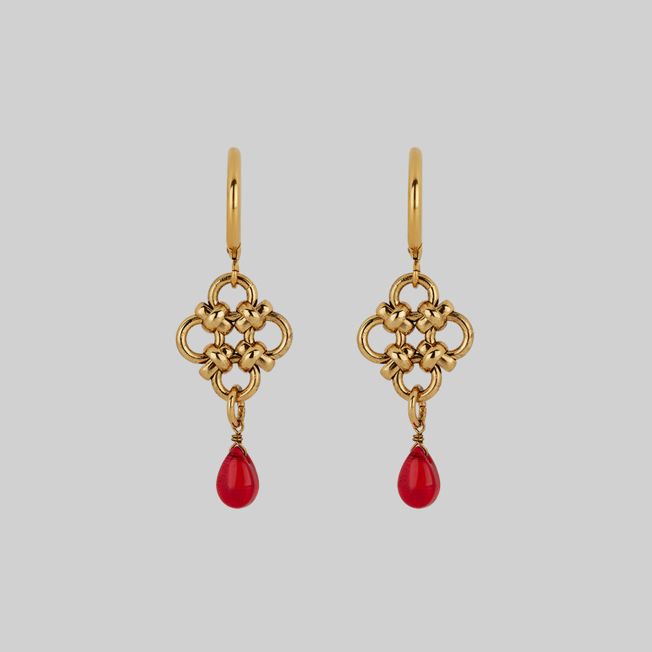 gold chainmail drop earrings with knots and red drop
