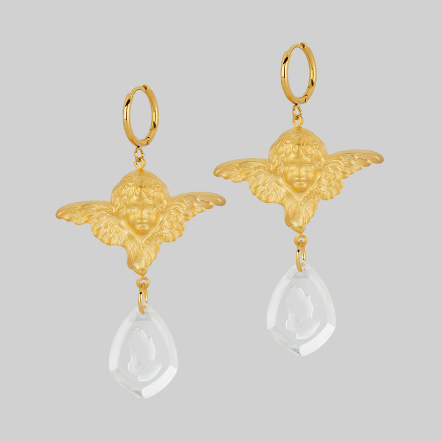 gold plated cherub and glass charm hoop earrings