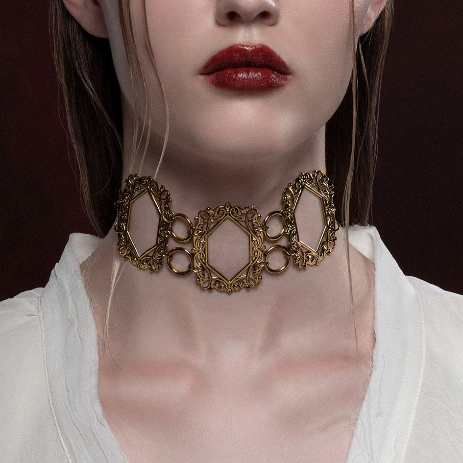 gold gothic caged frame choker necklace