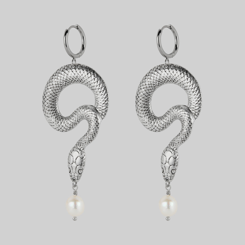 gothic snake pearl hoop earrings silver