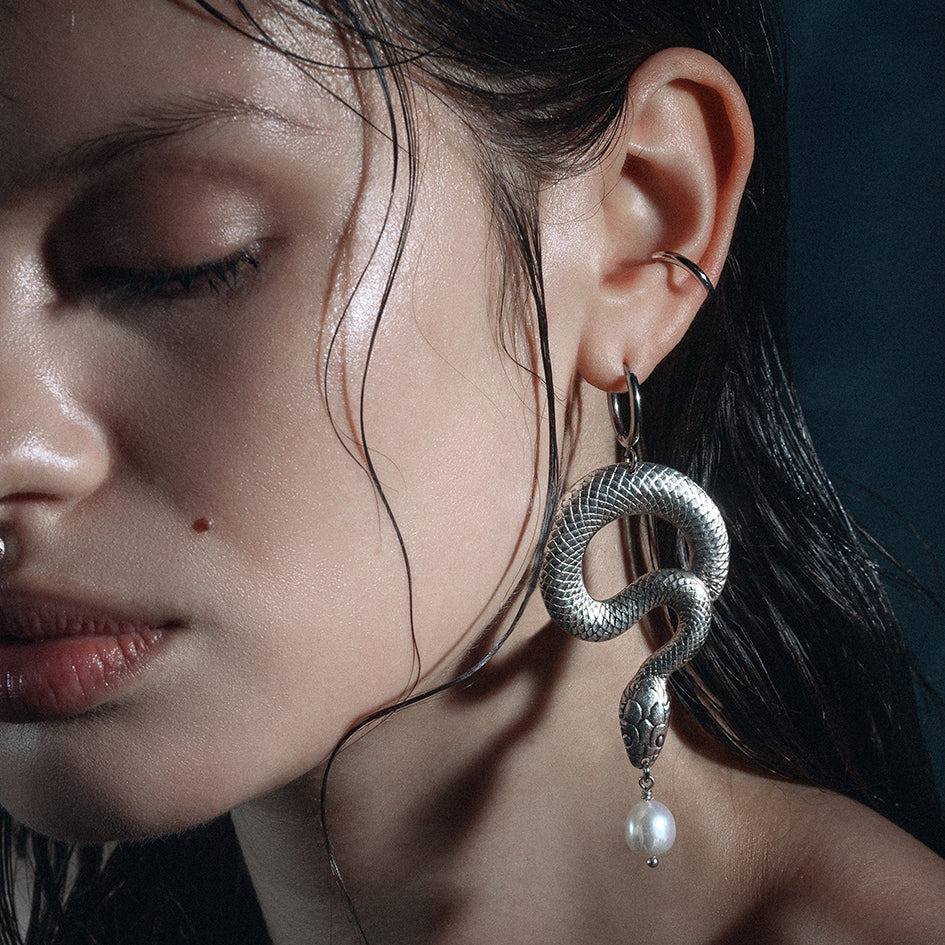 gothic snake pearl hoop earrings silver