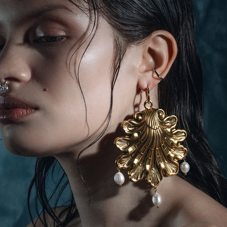 ornate pearl antique oversized shell hoop earrings gold