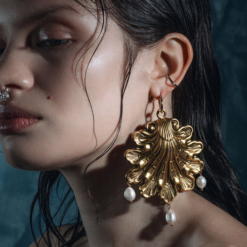 AMPHITRITE. Ornate Teardrop Hoop Earrings - Gold