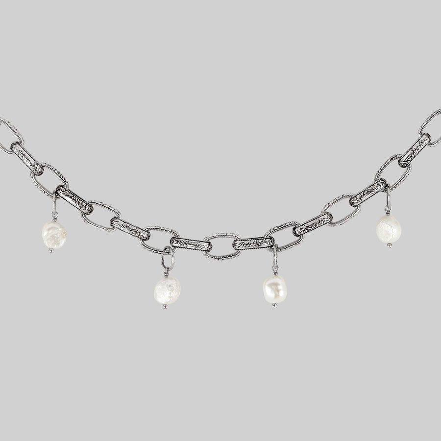 silver ornate link and pearl drop choker