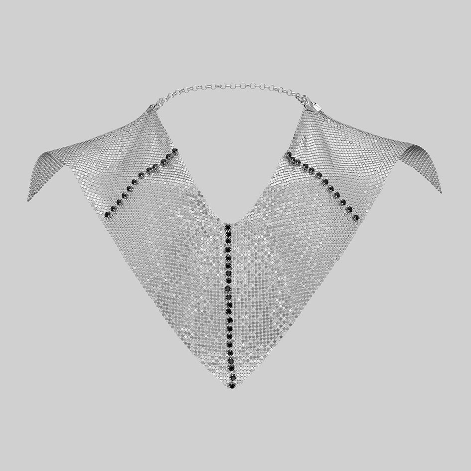 Stark rhodium plated armoured gorget collar with black cubic zirconia