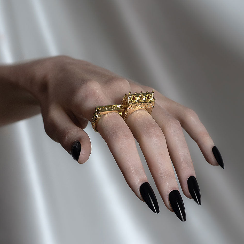 Secret Tomb Gold Double Gothic Cathedral Skeleton Ring