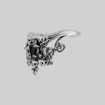 Gothic silver victorian inspired ring with intricate nature detail, black onyx gemstone and skulls