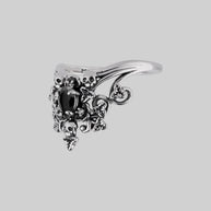 Gothic silver victorian inspired ring with intricate nature detail, black onyx gemstone and skulls