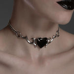 Silver black obsidian heart glass choker with gothic detailing edgy jewellery