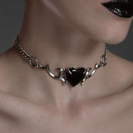 Silver black obsidian heart glass choker with gothic detailing edgy jewellery