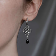 Silver gothic hoop earring with black agate pendant
